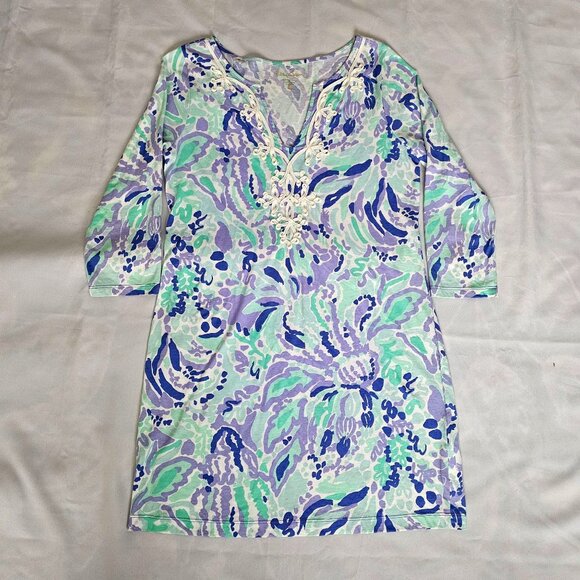 Lilly Pulitzer Nice Ink Pattern Floral 3/4 Sleeve Marina Dress Women's Sz Large - Picture 5 of 16